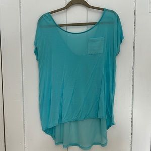 August Silk Turquoise Sheer Short Sleeve Blouse Size L